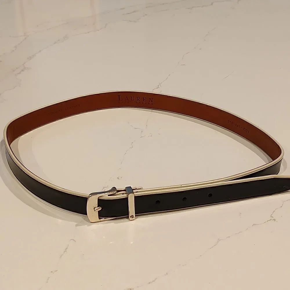 Lauren Ralph Lauren Leather Belt in Black and White Solid Brass Buckle Size L